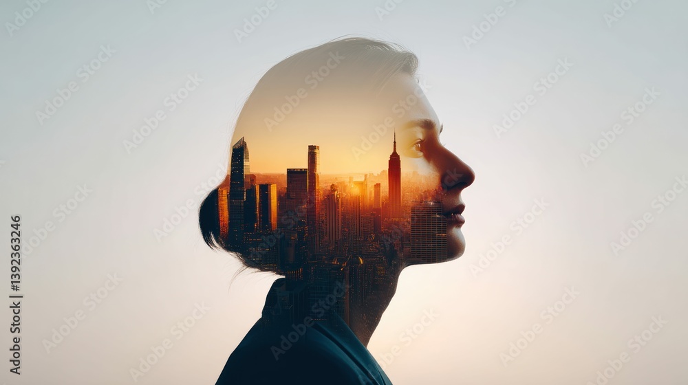 A woman's silhouette is merged with a cityscape, symbolizing thoughts or dreams set against a beautiful sunset. A woman's silhouette is merged with a cityscape, symbolizing thoughts or dreams set against a beautiful sunset.