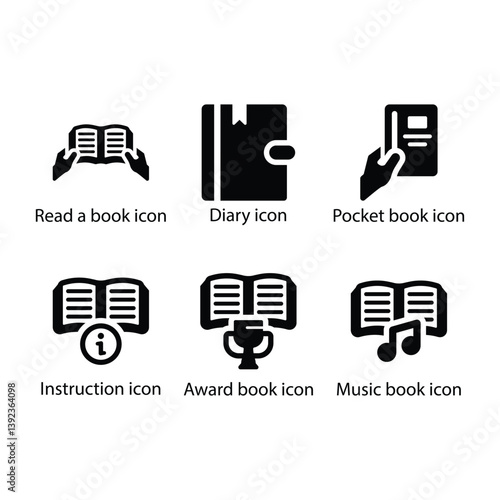 Read a book, Diary, Pocket book, Instruction, Award book, Music book, Black Icon Set