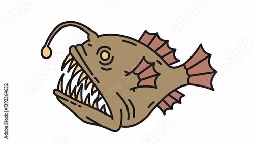 Toothy predatory fish anglerfish in color. Transparent background. Frame by frame animation