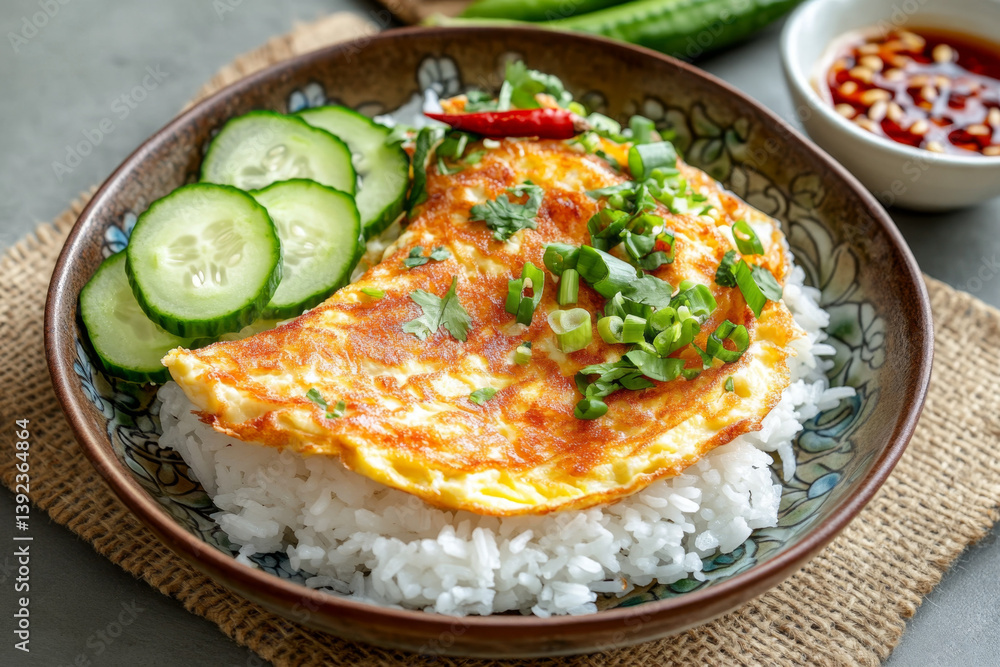 Delicious Fried Egg with Rice Cucumber and Spring Onions Garnish Delicious Fried Egg with Rice Cucumber and Spring Onions Garnish