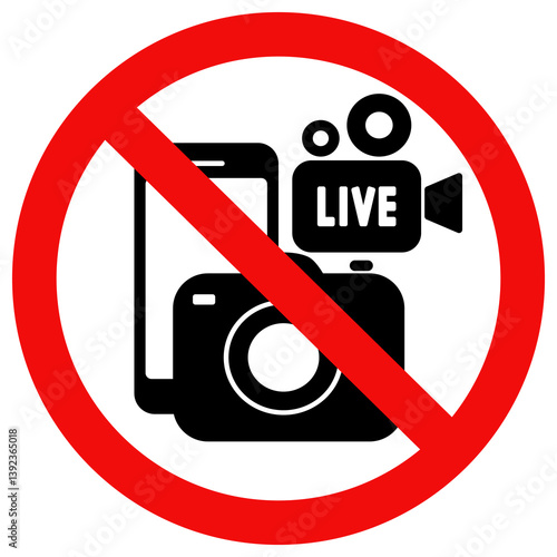 No recording or photography video prohibited sign. No camera or video live and mobile phone sign. Flat style vector illustration editable isolated design.