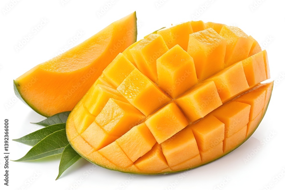 Sliced Ripe Mango with Leaves on White Background Sliced Ripe Mango with Leaves on White Background
