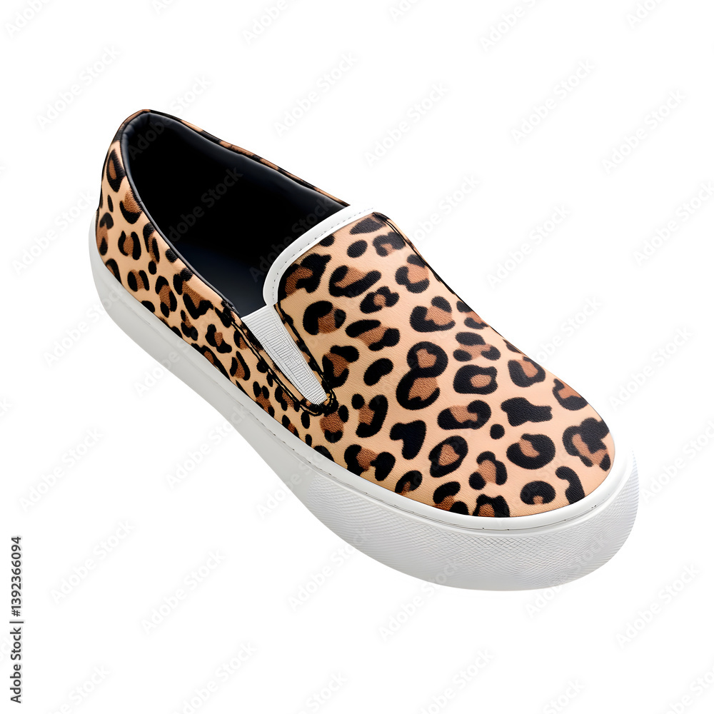 A trendy slip-on sneaker with leopard-print accents, isolated on a transparent background. A trendy slip-on sneaker with leopard-print accents, isolated on a transparent background.