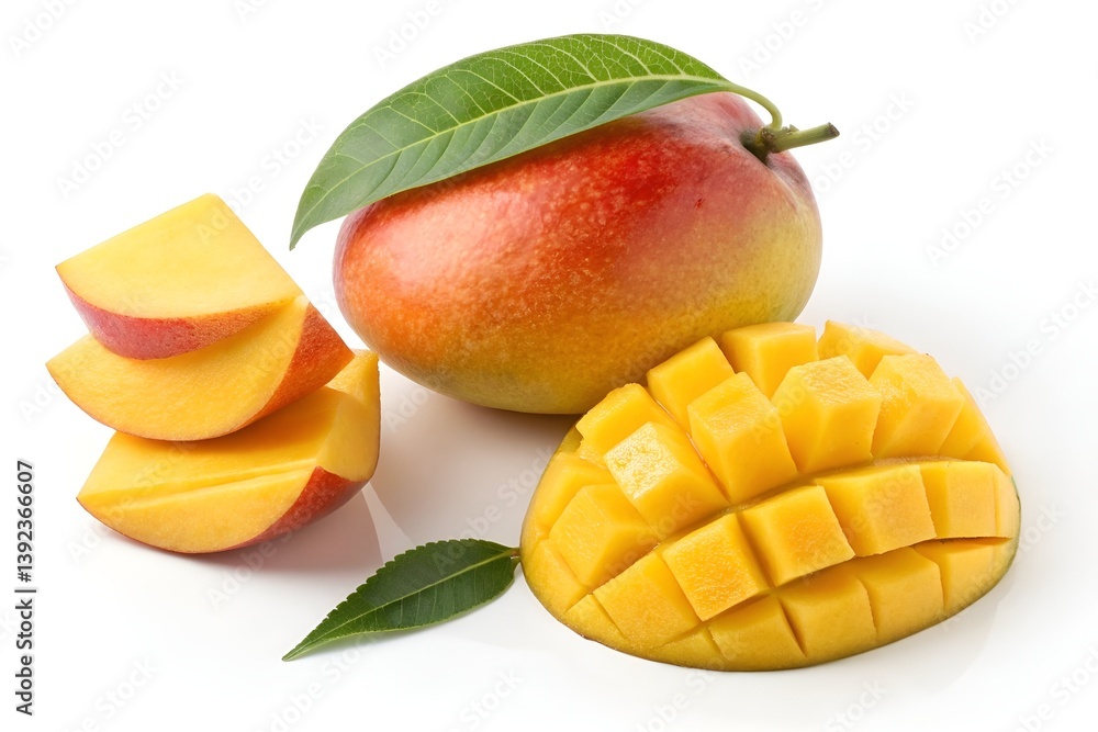 Whole and Sliced Mango with Leaf on White Background Whole and Sliced Mango with Leaf on White Background