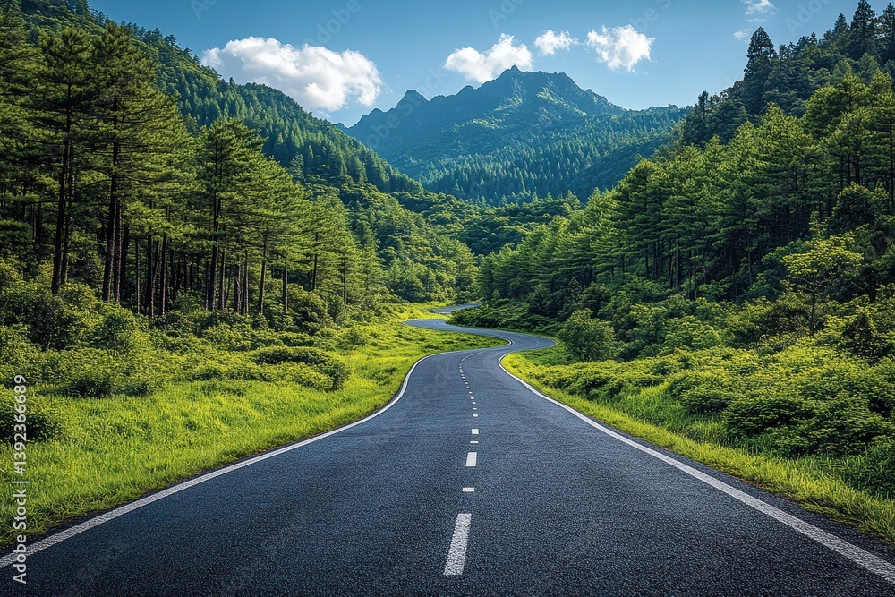 Winding asphalt road through green mountains under a clear blue sky in early morning light Winding asphalt road through green mountains under a clear blue sky in early morning light