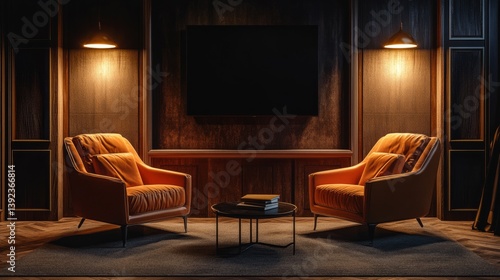 Wallpaper Mural Sophisticated podcast setup in warm hues, spotlighted chairs, and a dramatic dark background perfect for reels. Torontodigital.ca