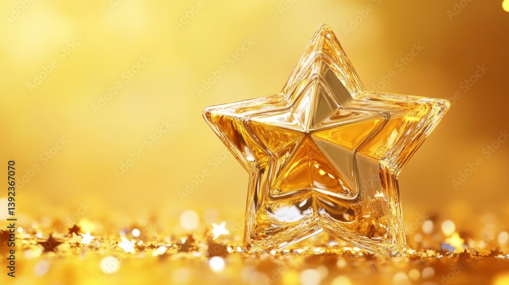 Realistic 3D vector of a star-shaped glass trophy with gold details. A championship award for contest winners on a bright background. Realistic 3D vector of a star-shaped glass trophy with gold details. A championship award for contest winners on a bright background.