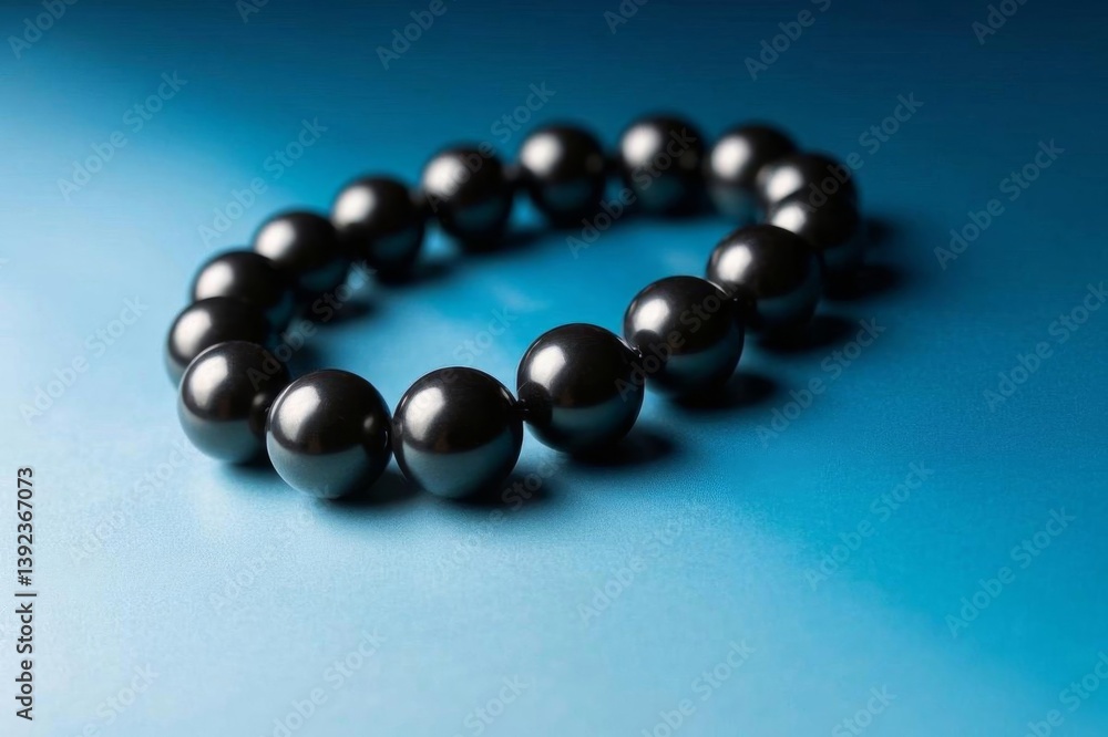 there is a bracelet made of black beads on a blue surface there is a bracelet made of black beads on a blue surface