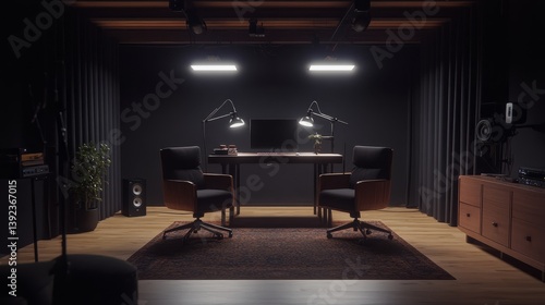 Wallpaper Mural Two-mic podcast setup with minimalist furniture, spotlights overhead, and a cozy dark environment. Torontodigital.ca