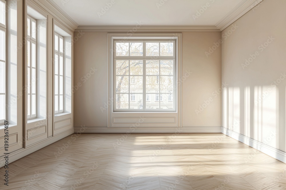 Bright, elegant room with tall windows and herringbone wood flooring. Warm light casts shadows on the pale yellow walls Bright, elegant room with tall windows and herringbone wood flooring. Warm light casts shadows on the pale yellow walls