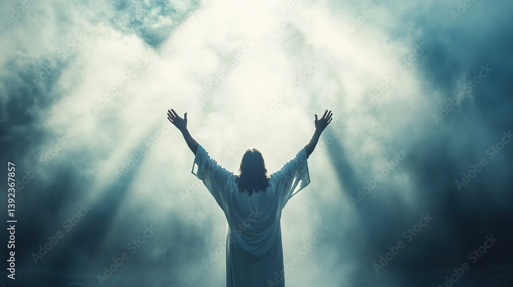 Jesus in a white robe with arms raised towards the sky, surrounded by misty smoke, bright light beams shining down, spiritual and ethereal atmosphere, centered composition Jesus in a white robe with arms raised towards the sky, surrounded by misty smoke, bright light beams shining down, spiritual and ethereal atmosphere, centered composition