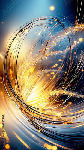 Dynamic abstract composition featuring swirling lines and flowing golden energy trails with bokeh.