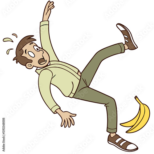 Clumsy Man Slipping on Banana Peel with Surprised Expression on Transparent Background. Perfect for: April Fool's Day, Comedy Shows, Slapstick Scenes