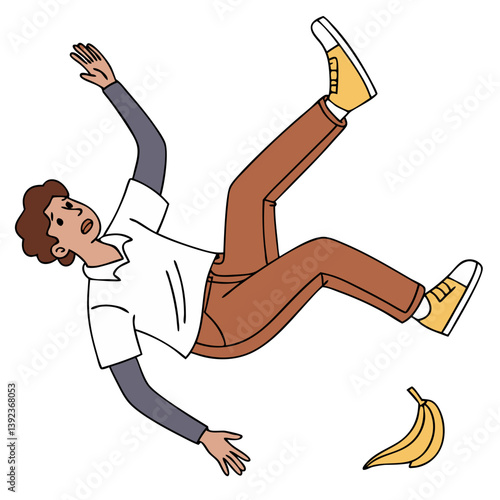 Clumsy Man Slipping on Banana Peel with Surprised Expression on Transparent Background. Perfect for: April Fool's Day, Comedy Shows, Slapstick Scenes