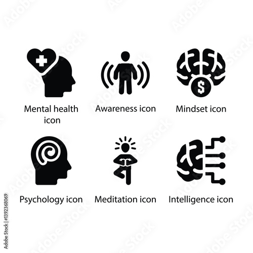 Mental health, Awareness, Mindset, Psychology, Meditation, Intelligence, Black Icon Set