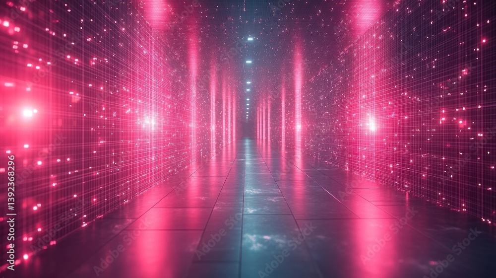 Pink Data Tunnel With Lights And Digital Circuit Board in Futuristic Design Pink Data Tunnel With Lights And Digital Circuit Board in Futuristic Design