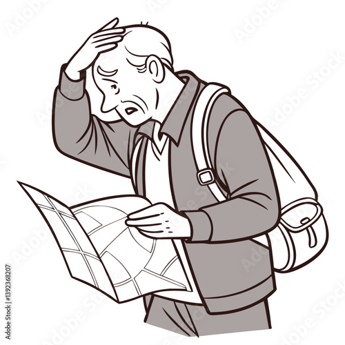 Confused Elderly Man Scratching Head and Looking at Map on Transparent Background. Perfect for: Travel Ads, Senior Guides, Lost and Found Topics