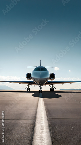 Front View of Private Jet on Runway Under Clear Blue Sky