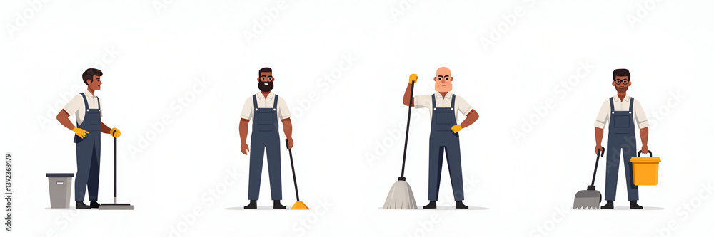 Set of Janitor Cleaning Worker Icon Professional Hygiene Maintenance Sanitation Job Career Employee Industry Vector Illustration Set of Janitor Cleaning Worker Icon Professional Hygiene Maintenance Sanitation Job Career Employee Industry Vector Illustration