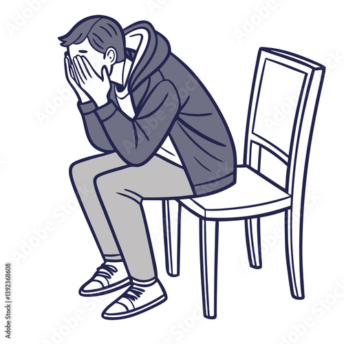 Fearful Man Hiding Behind Chair with Covered Face on Transparent Background. Perfect for: Halloween, Anxiety Awareness, Thriller Scenes