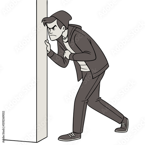 Jealous Man Peeking from Behind Wall with Narrowed Eyes on Transparent Background. Perfect for: Relationship Blogs, Jealousy Topics, Love Conflicts
