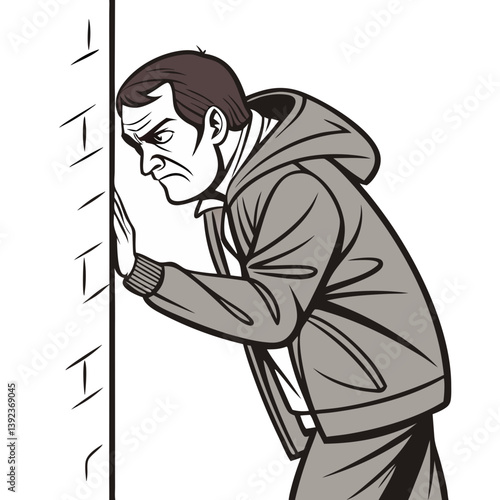 Jealous Man Peeking from Behind Wall with Narrowed Eyes on Transparent Background. Perfect for: Relationship Blogs, Jealousy Topics, Love Conflicts