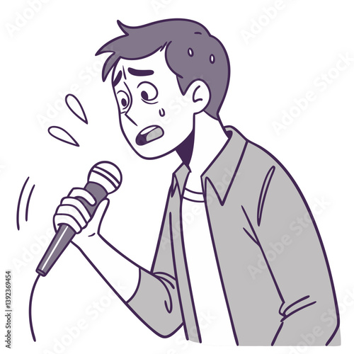 Nervous Man Holding Microphone with Stage Fright. Perfect for: public speaking events, talent shows, confidence-building workshops