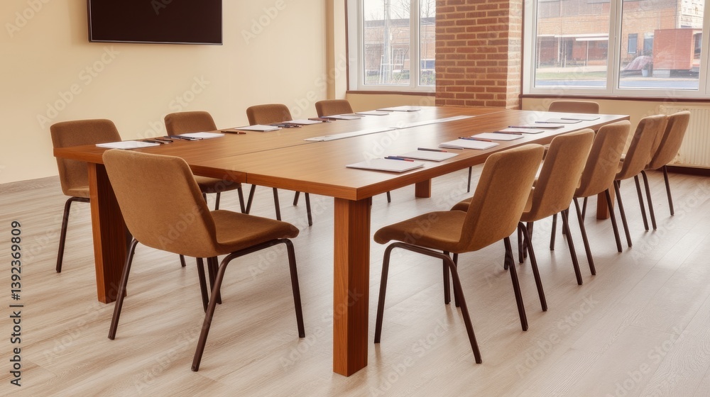 Modern Conference Room with Large Wooden Table and Chairs Modern Conference Room with Large Wooden Table and Chairs