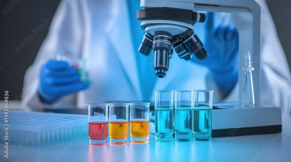 Fototapeta premium Laboratory Research with Microscope and Colorful Test Tubes