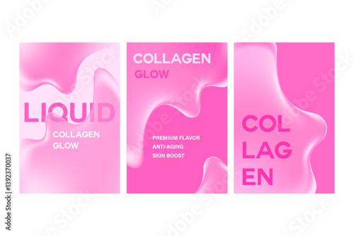 Aesthetic beauty liquid flowing water texture poster set with collagen fluid melting serum cosmetics design. Nude pink cosmetics background with copy space. Beauty science, skin care, cosmetology