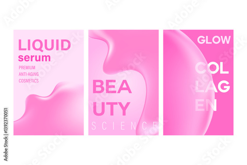 Aesthetic beauty liquid flowing water texture poster set with collagen fluid melting serum cosmetics design. Nude pink cosmetics background with copy space. Beauty science, skin care, cosmetology