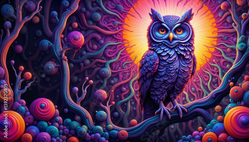 Psychedelic owl perched on vivid branch in glowing forest, dreamlike ambiance
