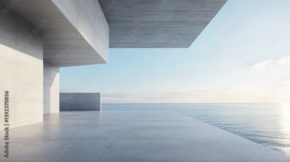 Obraz premium Modern minimalist concrete terrace facing the sea, simple architectural elements, clear blue sky with white clouds, bright natural lighting