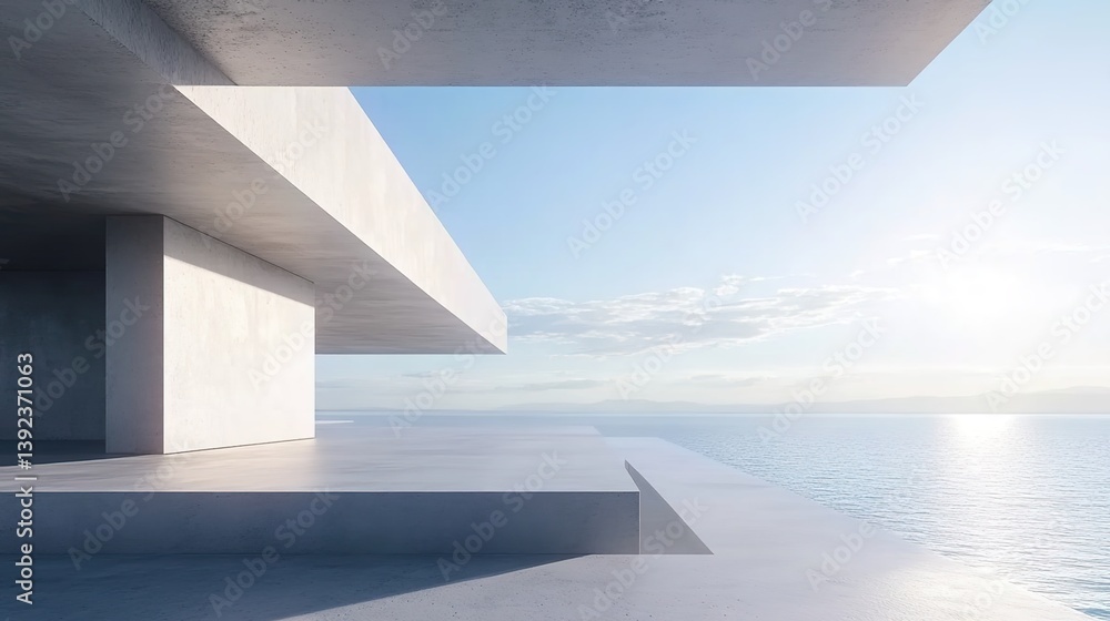 Obraz premium Modern minimalist concrete terrace facing the sea, simple architectural elements, clear blue sky with white clouds, bright natural lighting