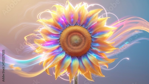 A radiant sunflower emerges against an abstract background, illuminated by colorful light trails. This captivating display highlights the beauty of nature blended with artistic fantasy