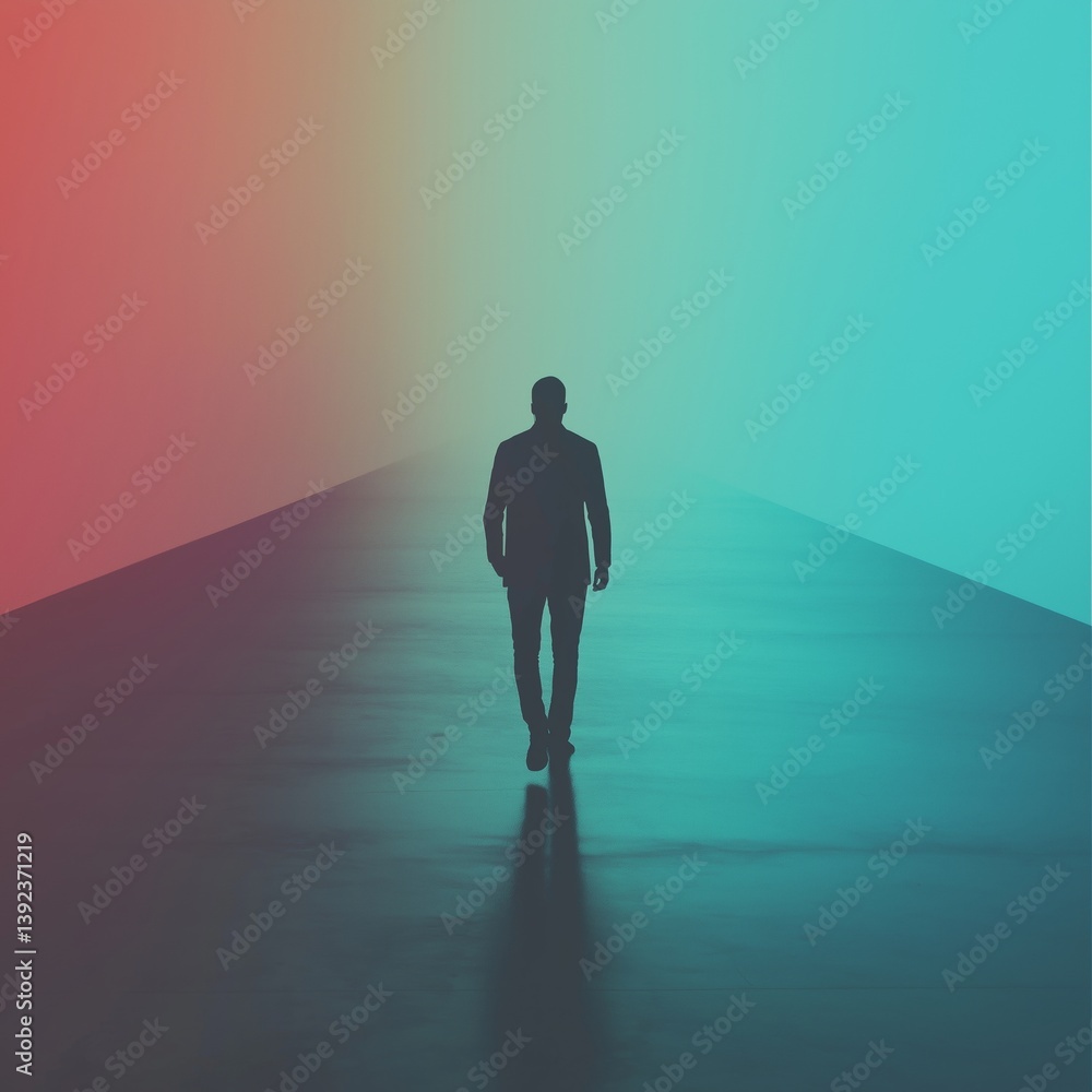 A silhouette of a figure walking into a colorful, geometric perspective representing introspection and exploration. A silhouette of a figure walking into a colorful, geometric perspective representing introspection and exploration.
