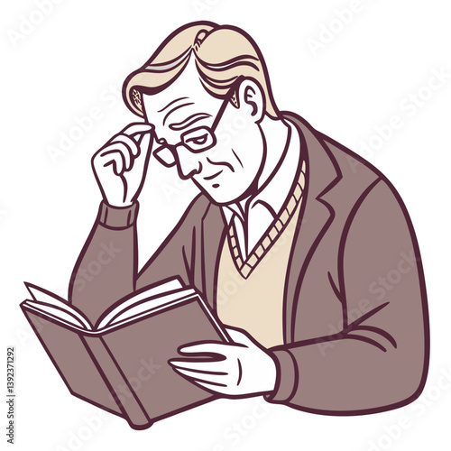 Thoughtful Professor Reading Book with Glasses. Perfect for: education campaigns, academic posters, libraries