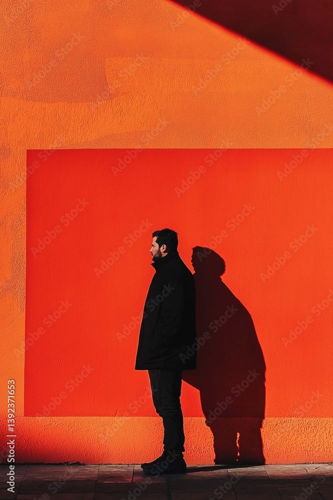 A striking silhouette illustrates a man standing tall, casting an elongated shadow on a vibrant orange surface.