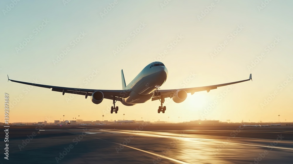 Fototapeta premium A commercial airplane taking off from an airport runway during sunset, warm golden lighting, dynamic upward composition