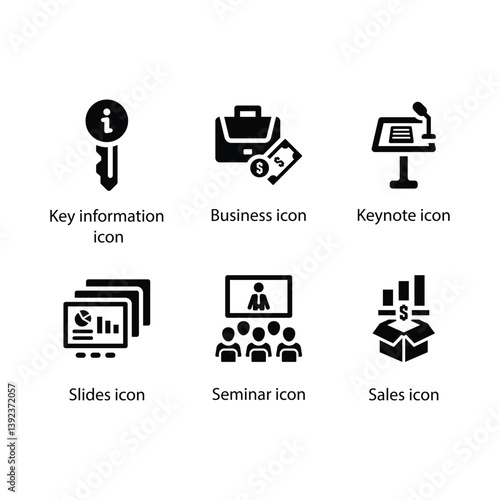 Key information, Business, Keynote, Slides, Seminar, Sales, Black Icon Set