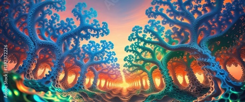 Wallpaper Mural A mesmerizing landscape showcases intertwining organic structures under a captivating sunset. The vivid colors blend seamlessly, creating an enchanting atmosphere that invites exploration Torontodigital.ca