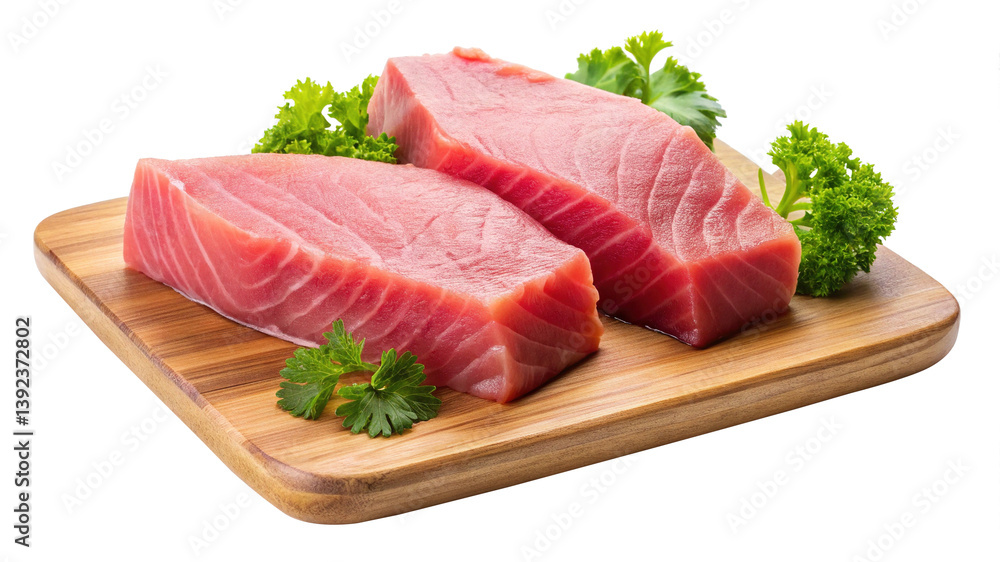 Fresh Raw Tuna Steaks on Wooden Cutting Board with Parsley Garnish Fresh Raw Tuna Steaks on Wooden Cutting Board with Parsley Garnish