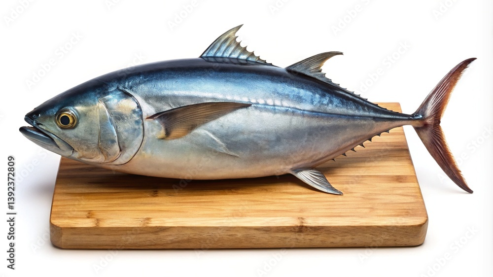 Obraz premium Freshly Caught Bluefin Tuna on a Wooden Cutting Board Ready for Preparation