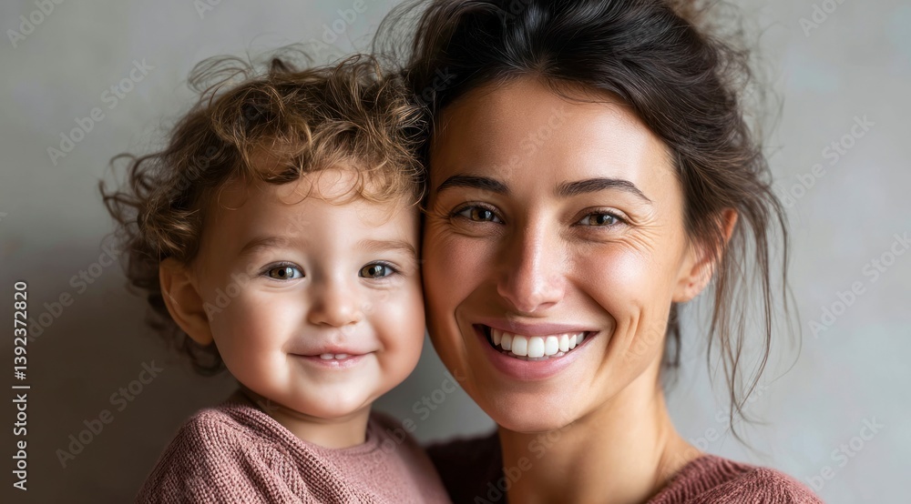A beautiful young mother and her adorable child smile brightly for the camera, sharing a moment of joy and love together. A beautiful young mother and her adorable child smile brightly for the camera, sharing a moment of joy and love together.