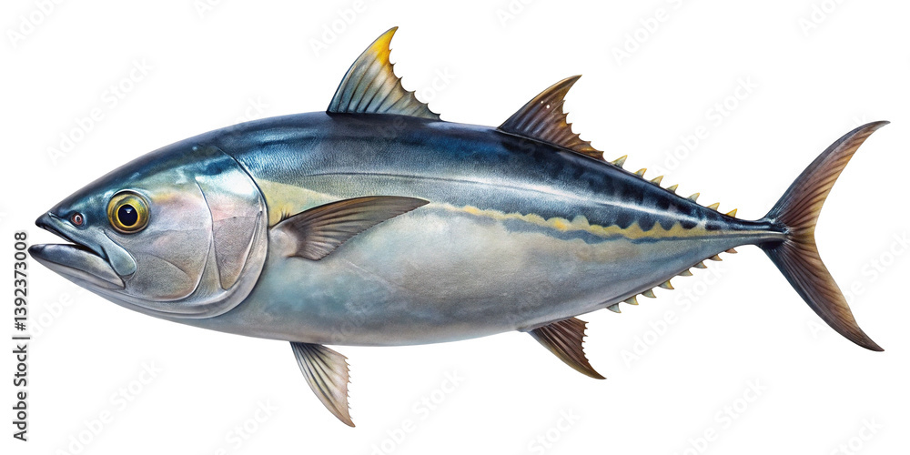 Fototapeta premium Detailed Illustration of a Yellowfin Tuna Fish Showing its Body Shape Coloration and Fins