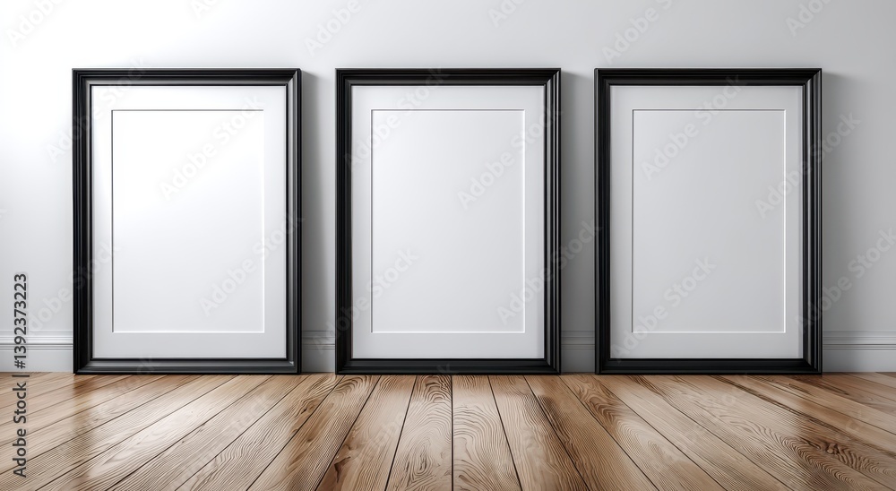 Gallery Display: Three sleek black frames stand propped against a crisp wall, with blank canvases ready to showcase artwork, ideas or memories on a polished wood floor. Gallery Display: Three sleek black frames stand propped against a crisp wall, with blank canvases ready to showcase artwork, ideas or memories on a polished wood floor.