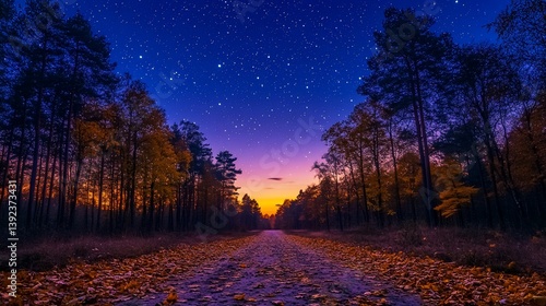 Enchanted twilight forest road with a celestial array of sparkling stars