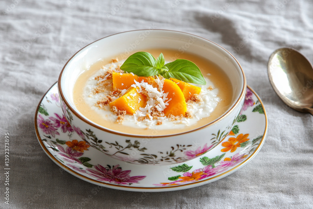 Delicious Creamy Rice Pudding with Mango and Coconut Flakes in a Floral Bowl Delicious Creamy Rice Pudding with Mango and Coconut Flakes in a Floral Bowl