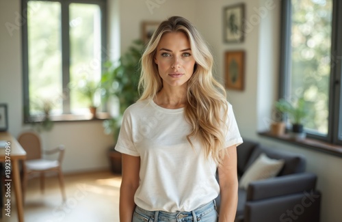 Free Download Attractive blond caucasian woman at home, looking camera. Female entrepreneur poses, headshot portrait. Lady in casual clothes, jeans, natural makeup. Confident, relaxed woman in 30s at workplace. - GFXLoad