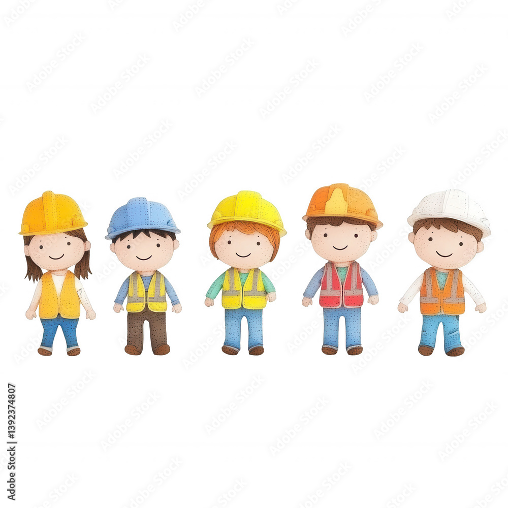 Five cartoon construction workers in bright safety gear, standing together. Each character wears a helmet and reflective vest, showcasing teamwork and safety in construction. Five cartoon construction workers in bright safety gear, standing together. Each character wears a helmet and reflective vest, showcasing teamwork and safety in construction.